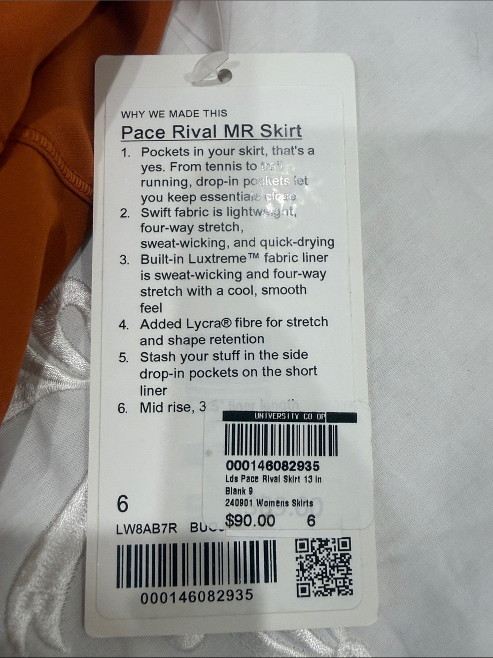 lululemon athletica Pace Rival MR Skirt in burnt orange with white tag - Picture 9 of 9